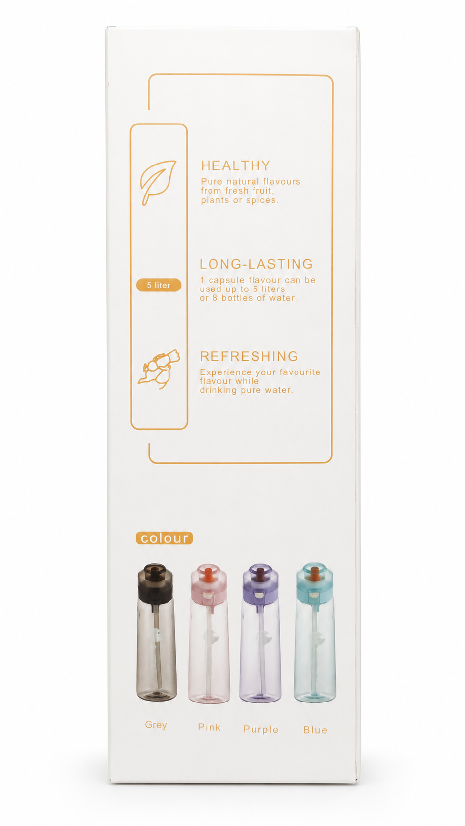 Clean product photo of the flavor water bottle box showing features and available bottle colors