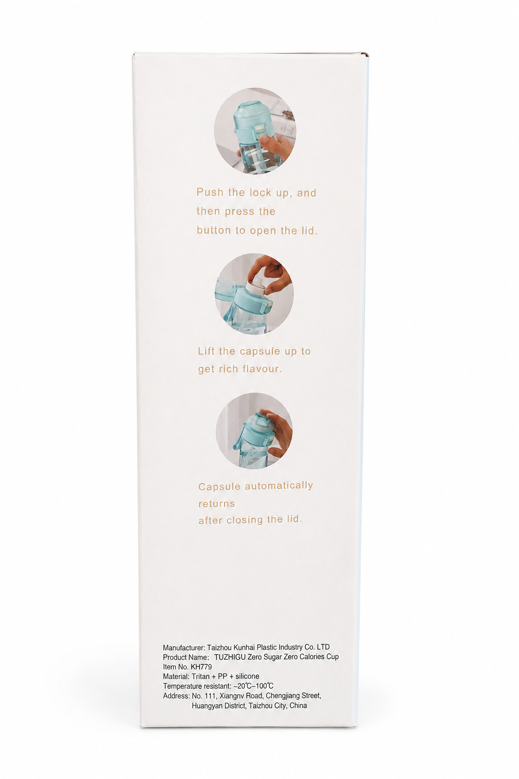 Clean product photo of the flavor water bottle box showing opening and flavor capsule instructions