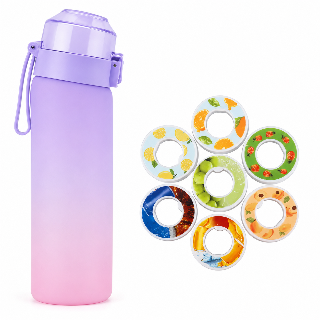 Purple-to-pink 650 ml water bottle displayed with seven colorful circular flavor pods on a white background