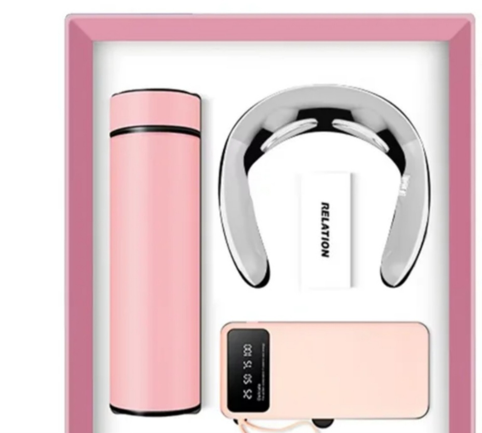 Blush pink wellness gift pack with flask, neck massager and power bank