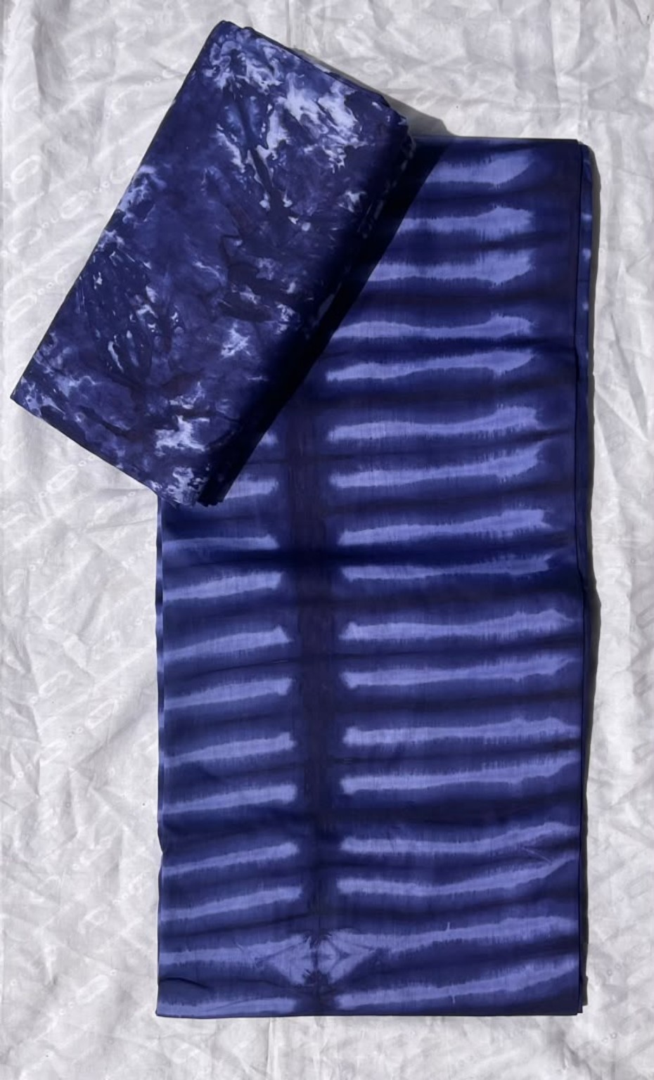 Five-yard indigo blue and periwinkle tie-dye fabric with striped and marbled patterns