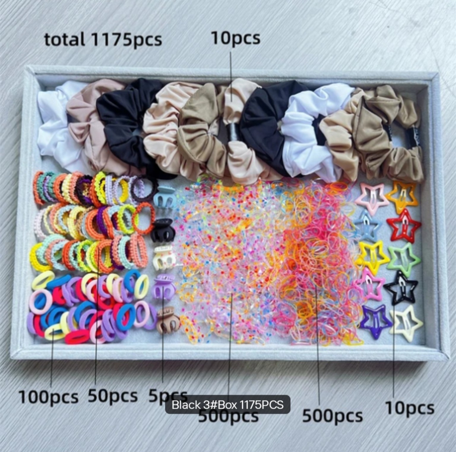 Large mixed kids hair-accessory gift box with neutral scrunchies, colorful elastic hair ties and clips