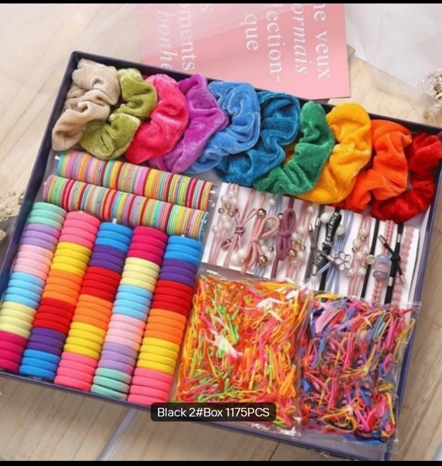Large mixed kids hair-accessory gift box with rainbow velvet scrunchies, elastic bands and decorative hair ties