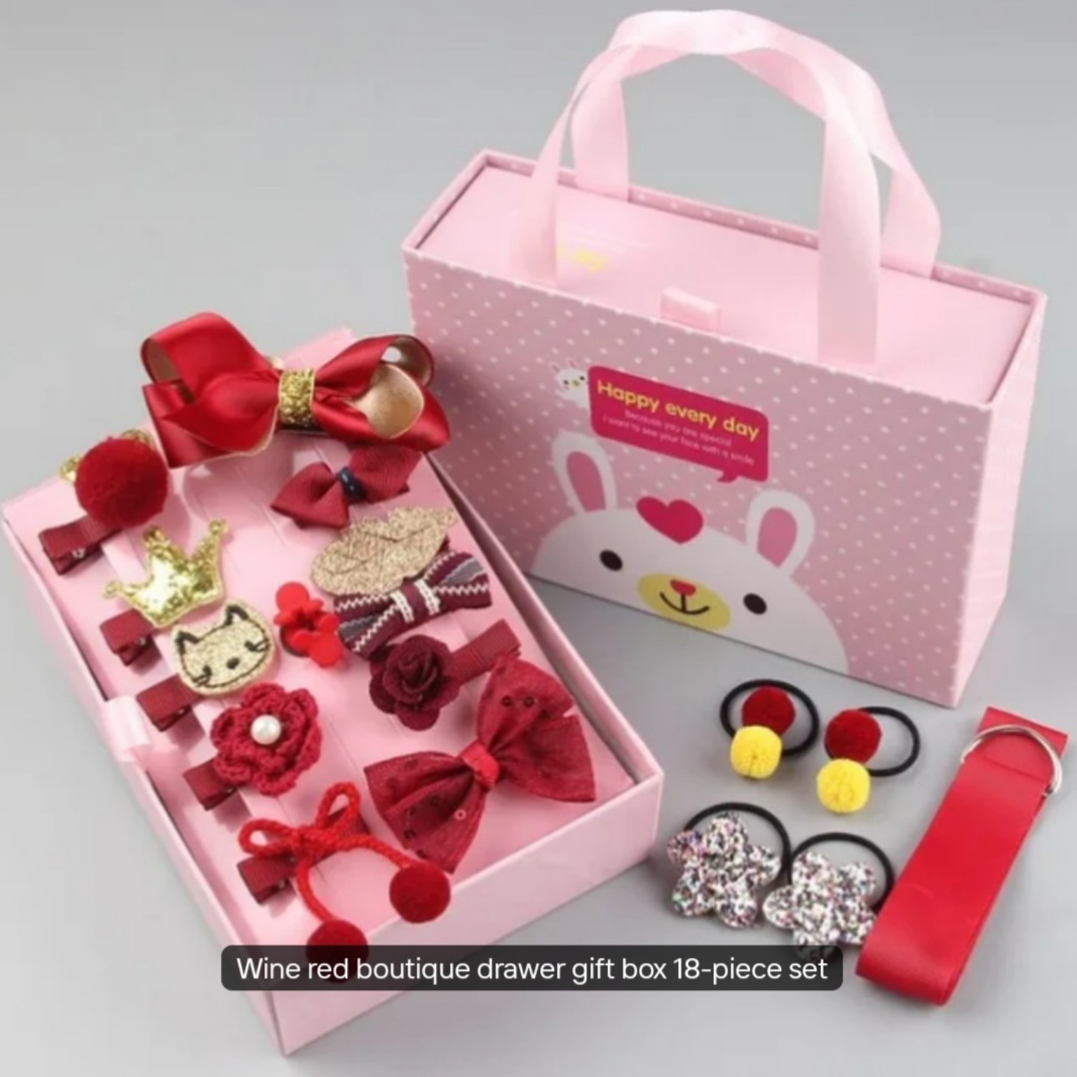Korean-style 18-piece children’s hair accessories gift set in Wine Red