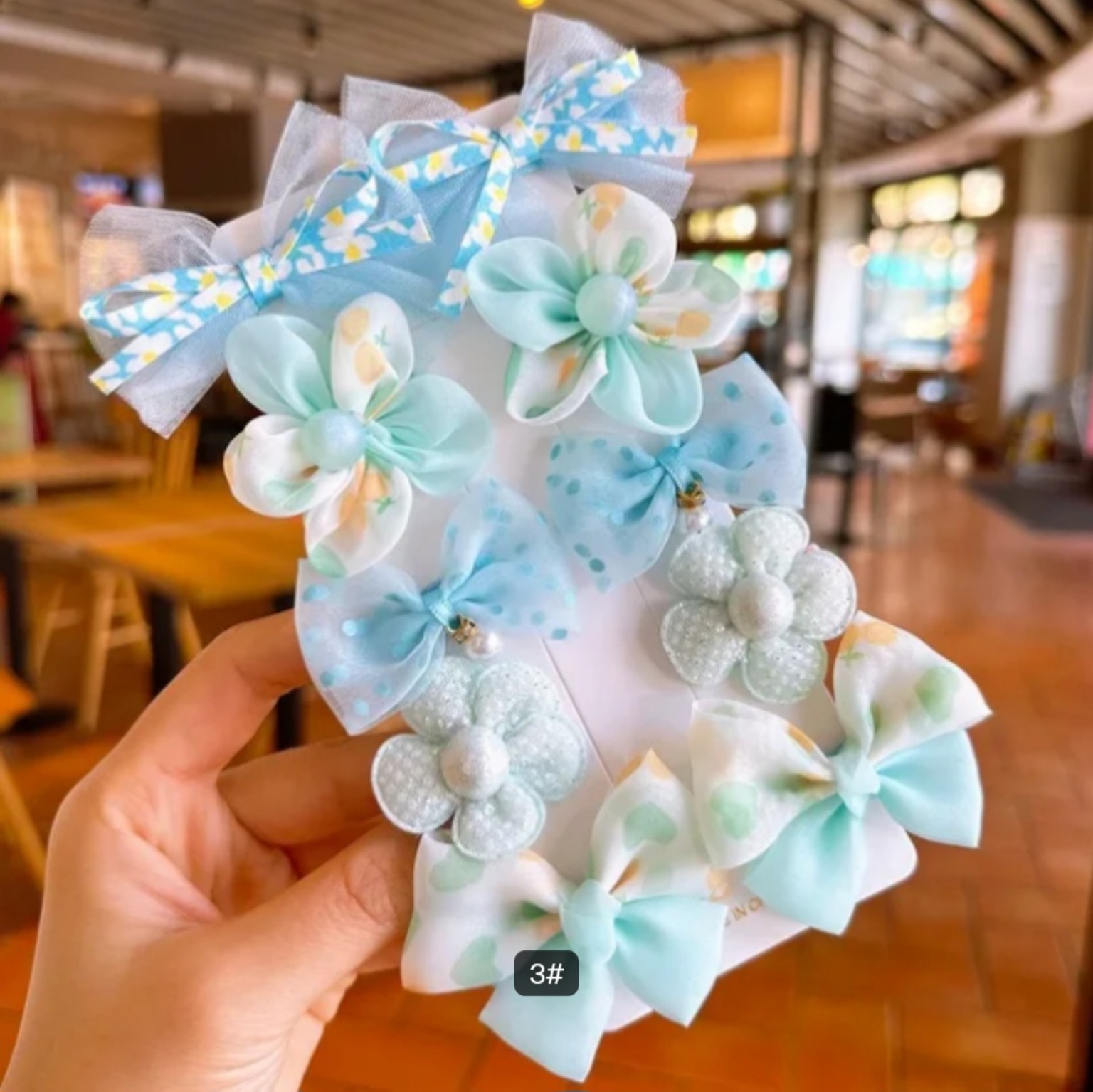 Children’s princess bow and fabric flower hairpin accessories in Mint