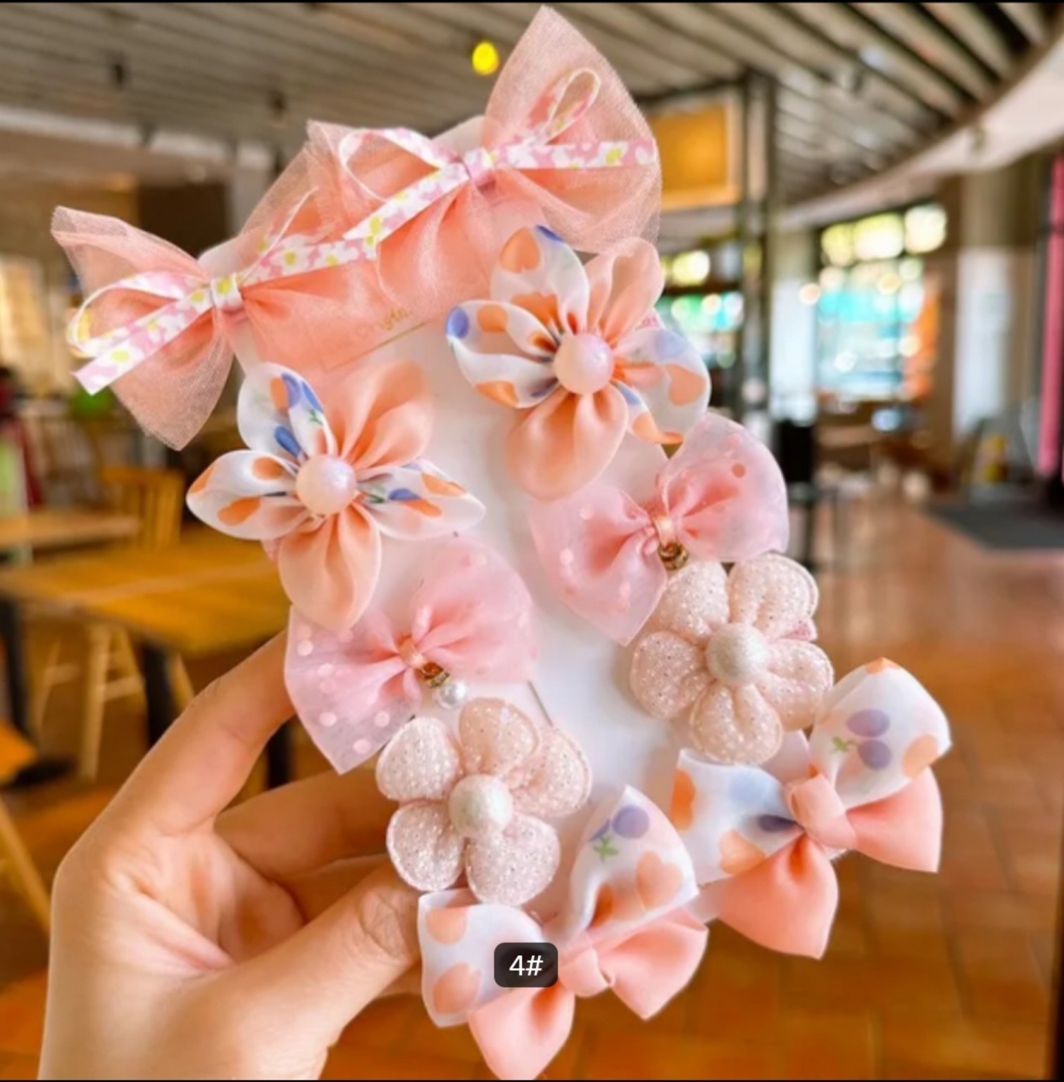 Children’s princess bow and fabric flower hairpin accessories in Peach