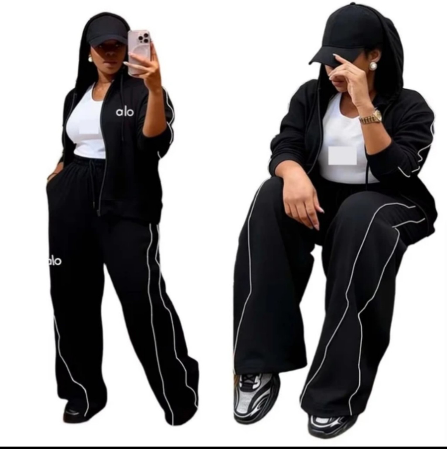 Ladies’ two-piece hooded jogging set in black with contrast piping and wide-leg pants