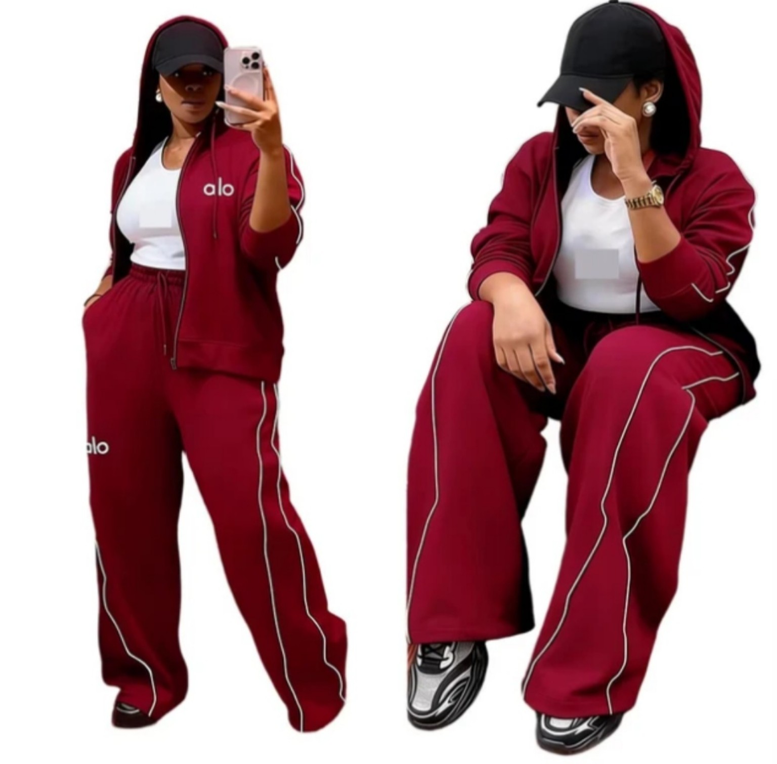 Ladies’ two-piece hooded jogging set in burgundy with contrast piping and wide-leg pants