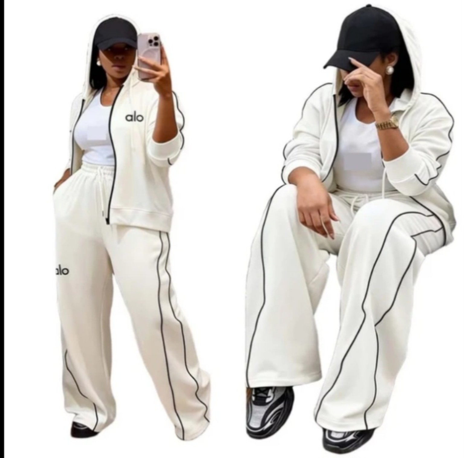 Ladies’ two-piece hooded jogging set in white with contrast piping and wide-leg pants