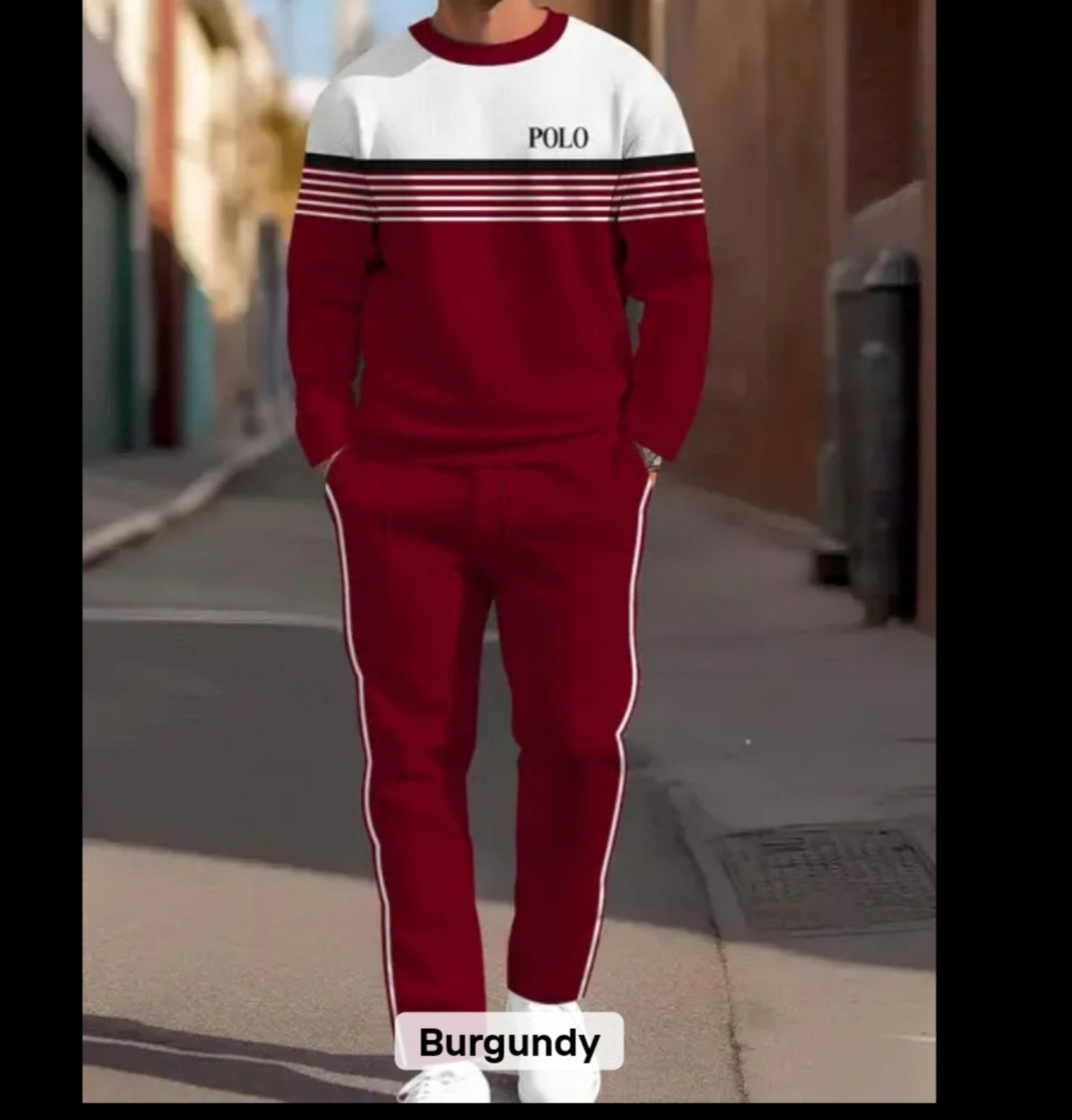 Men’s burgundy and white two-piece tracksuit with a striped crew-neck sweatshirt and matching jogger pants