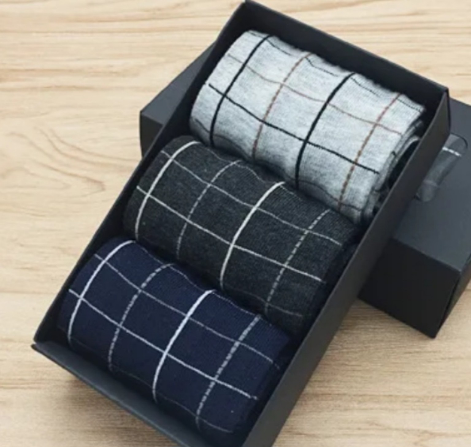 Gift box of men’s cotton socks in grey, charcoal and navy windowpane-check designs