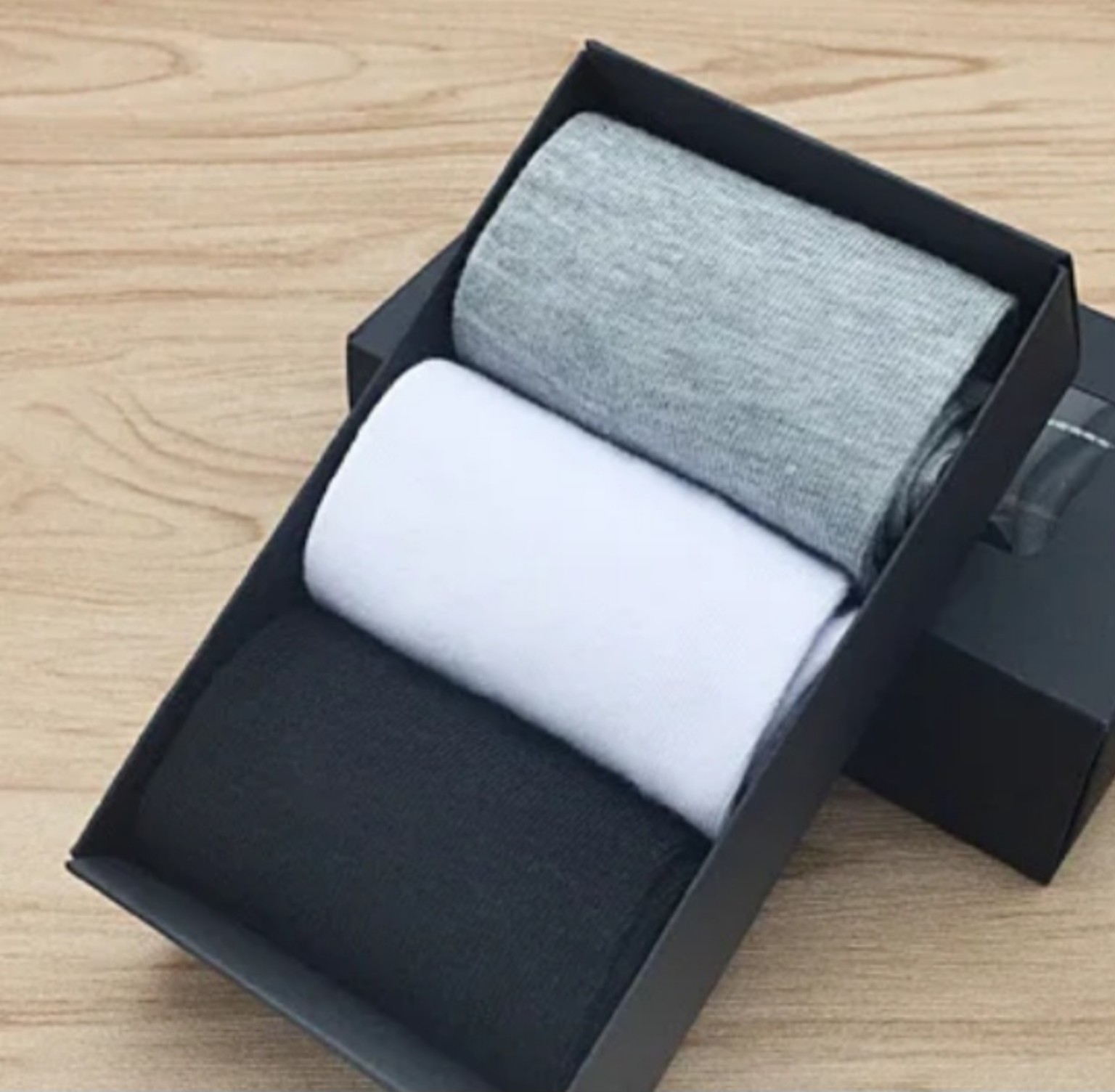 Gift box of men’s cotton socks in solid grey, white and black