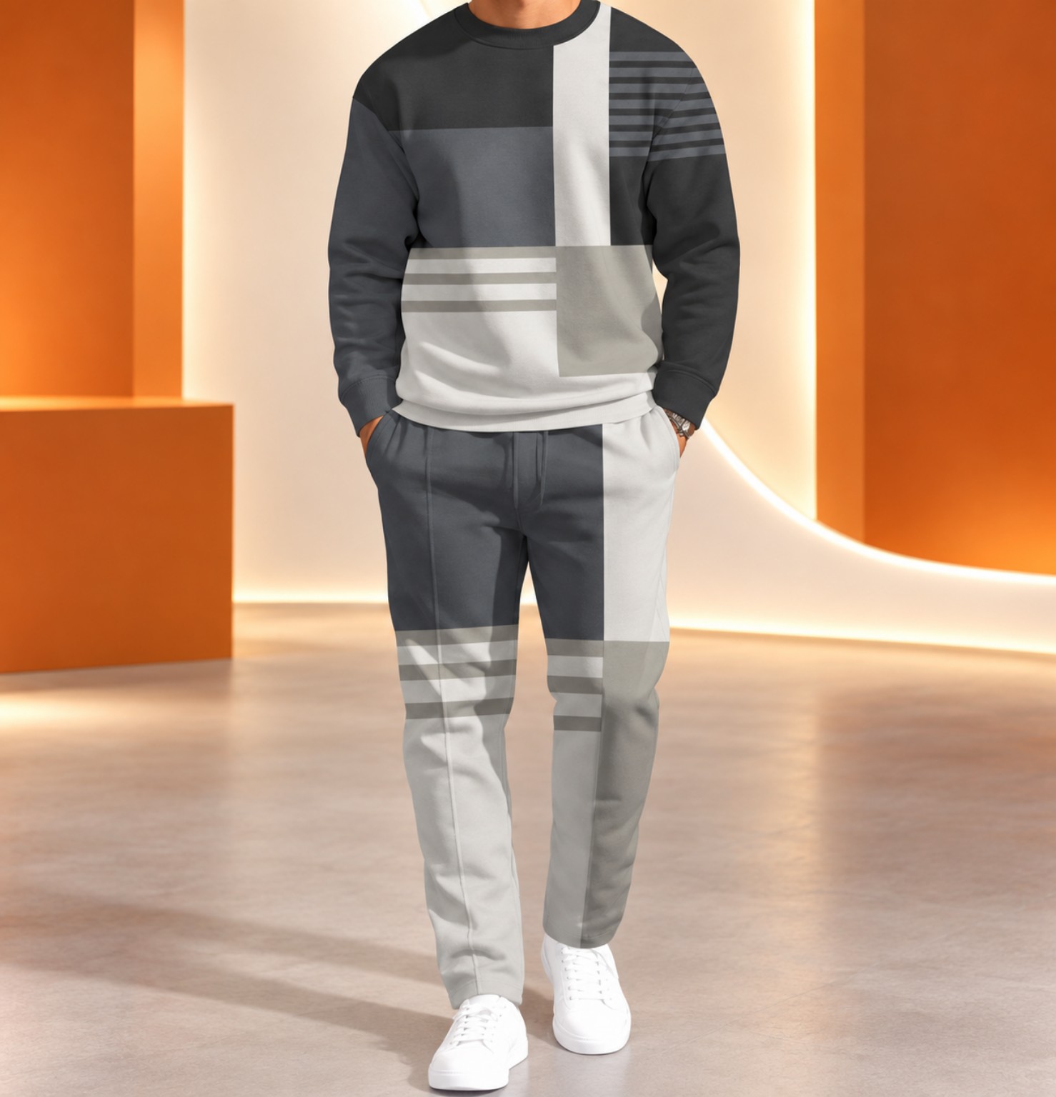 Men’s dark-gray two-piece tracksuit with a crew-neck sweatshirt and matching jogger pants