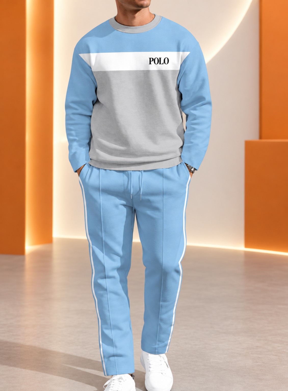 Men’s light-blue two-piece tracksuit with a color-block crew-neck sweatshirt and matching jogger pants