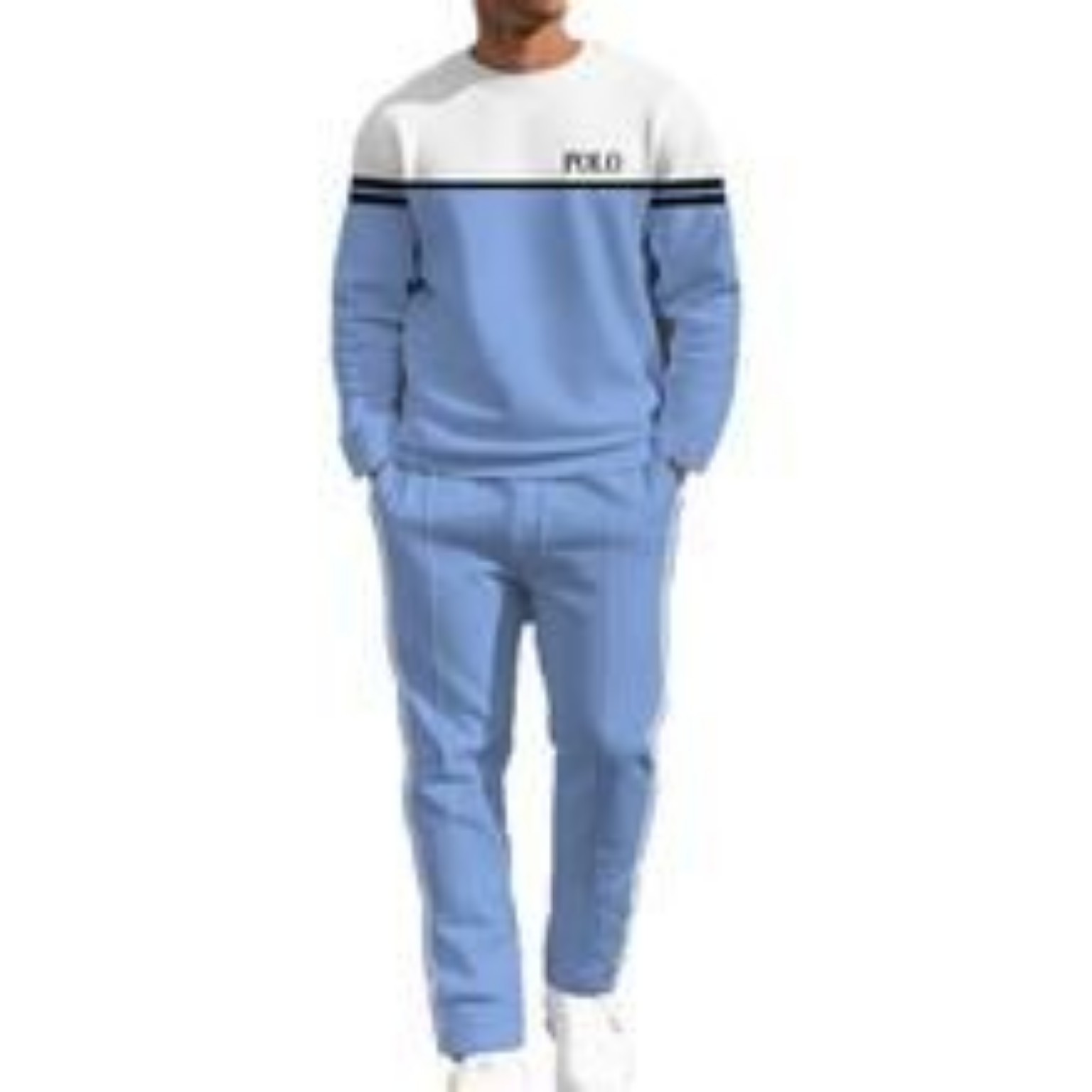 Men’s light-blue and white two-piece tracksuit with a striped crew-neck sweatshirt and matching jogger pants