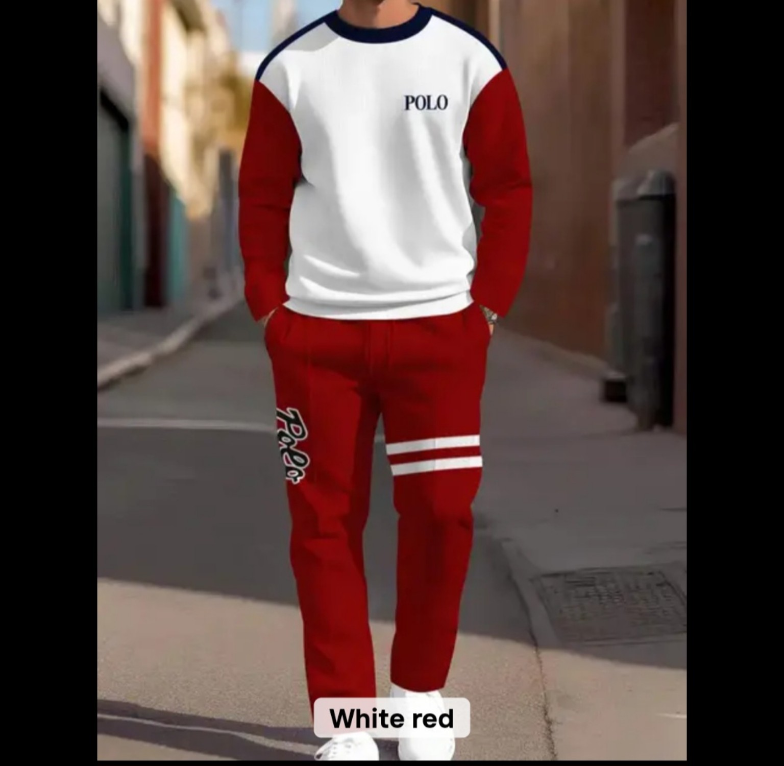 Men’s red, white and navy two-piece tracksuit with a crew-neck sweatshirt and matching jogger pants