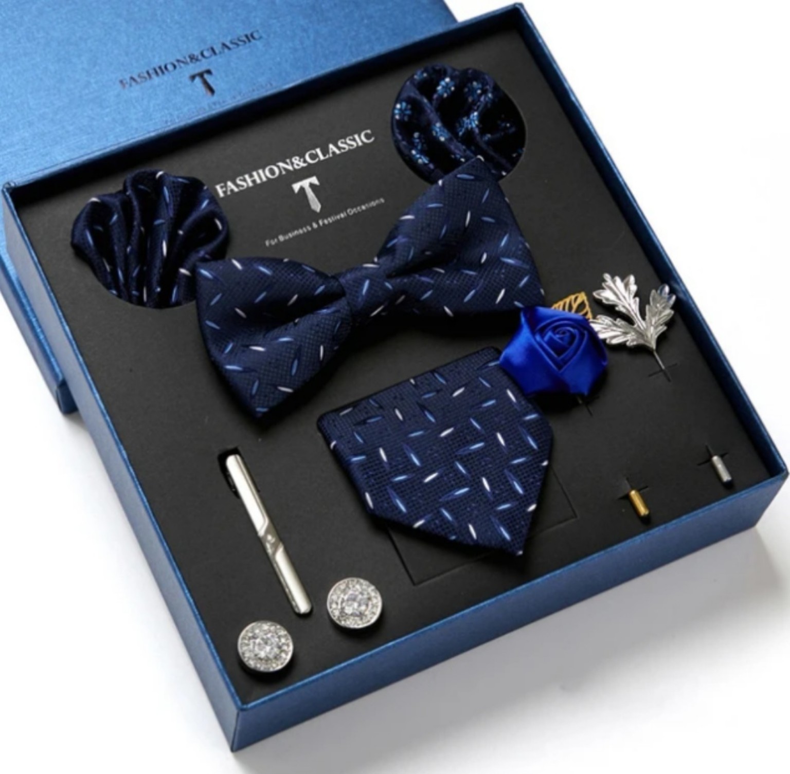 Men’s eight-piece silk tie gift set in the LB166 Navy Dash design