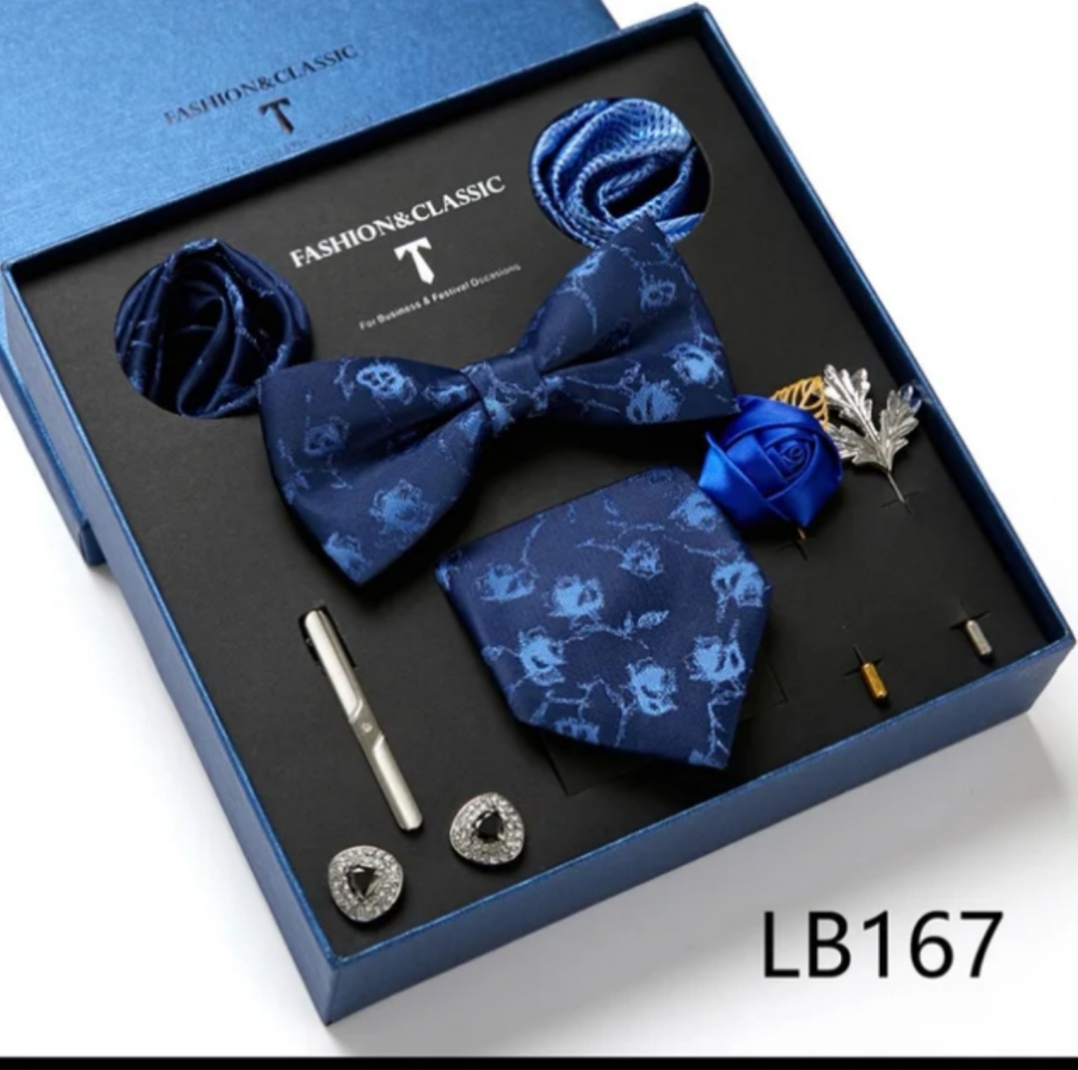 Men’s eight-piece silk tie gift set in the LB167 Royal Blue Floral design