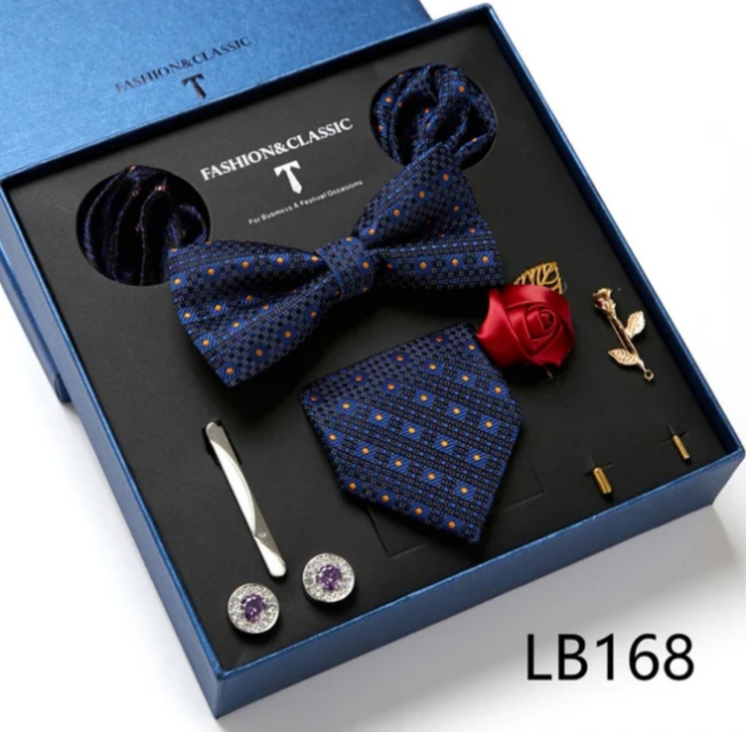 Men’s eight-piece silk tie gift set in the LB168 Navy & Gold Geometric design