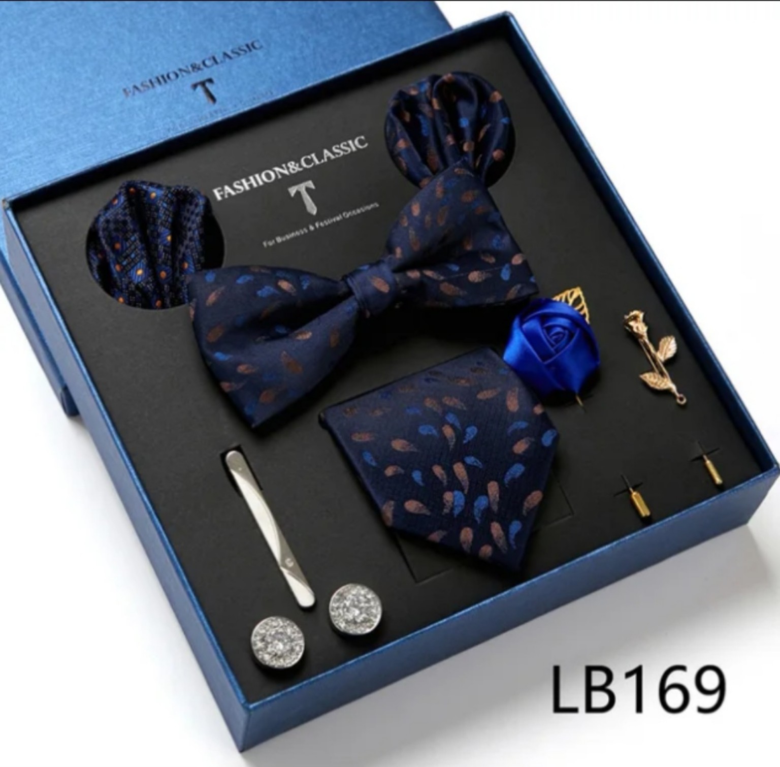 Men’s eight-piece silk tie gift set in the LB169 Navy Paisley design