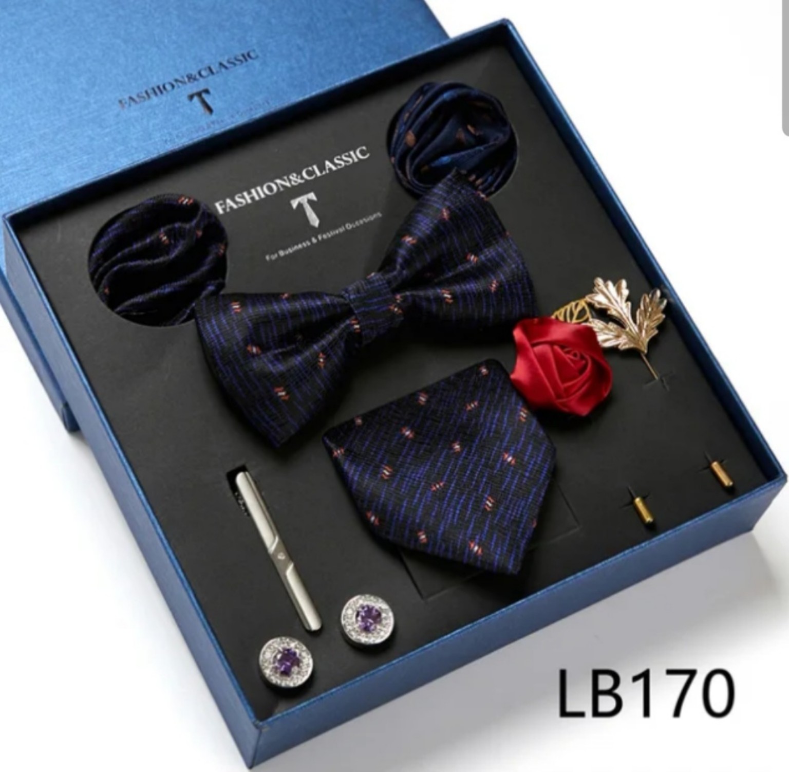 Men’s eight-piece silk tie gift set in the LB170 Navy Micro-Check design