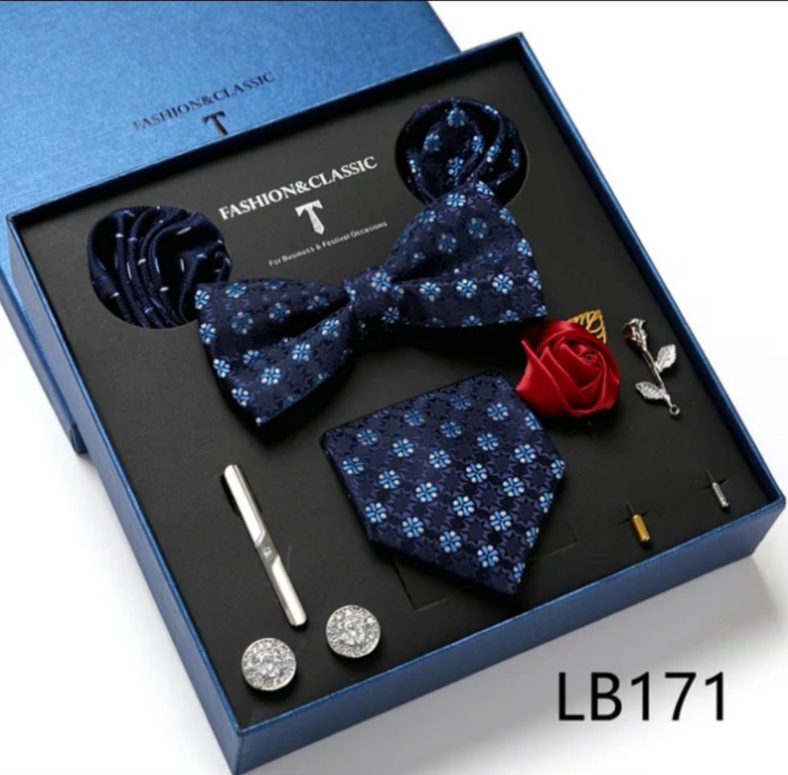 Men’s eight-piece silk tie gift set in the LB171 Navy Blue Floral design