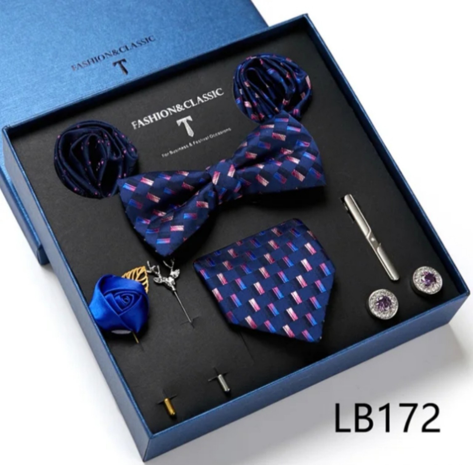 Men’s eight-piece silk tie gift set in the LB172 Navy Multicolor Geometric design