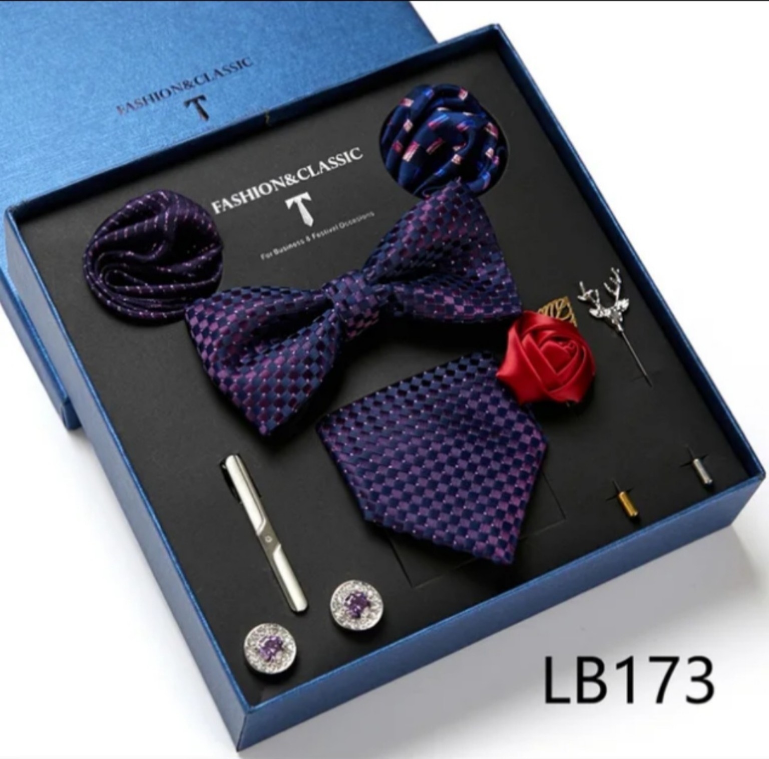Men’s eight-piece silk tie gift set in the LB173 Purple Check design