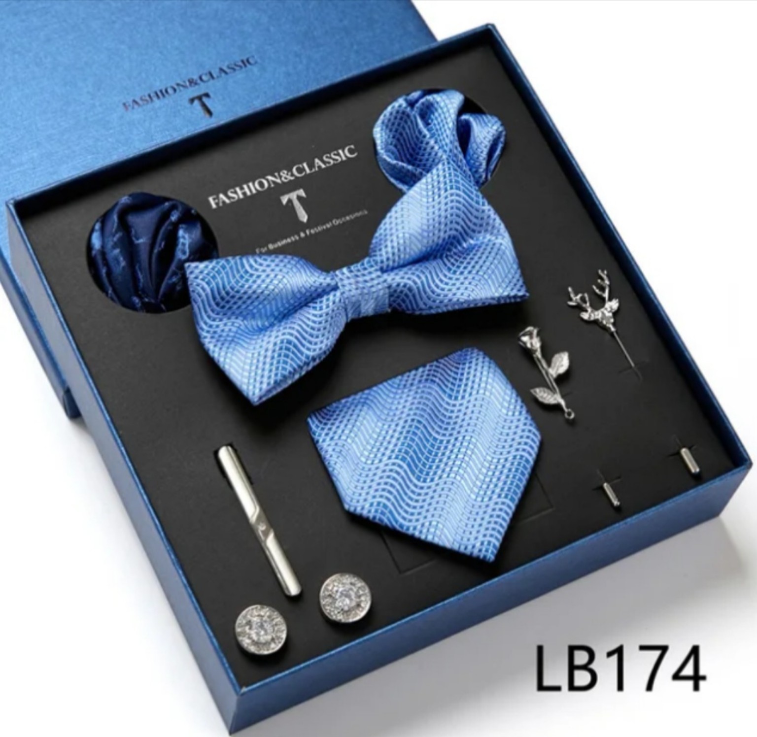 Men’s eight-piece silk tie gift set in the LB174 Light Blue Wave design
