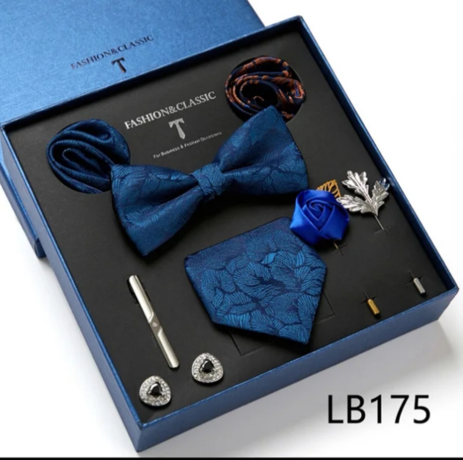 Men’s eight-piece silk tie gift set in the LB175 Deep Blue Floral design