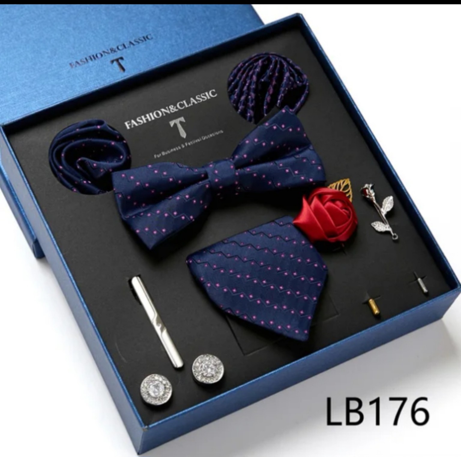 Men’s eight-piece silk tie gift set in the LB176 Navy & Purple Geometric design