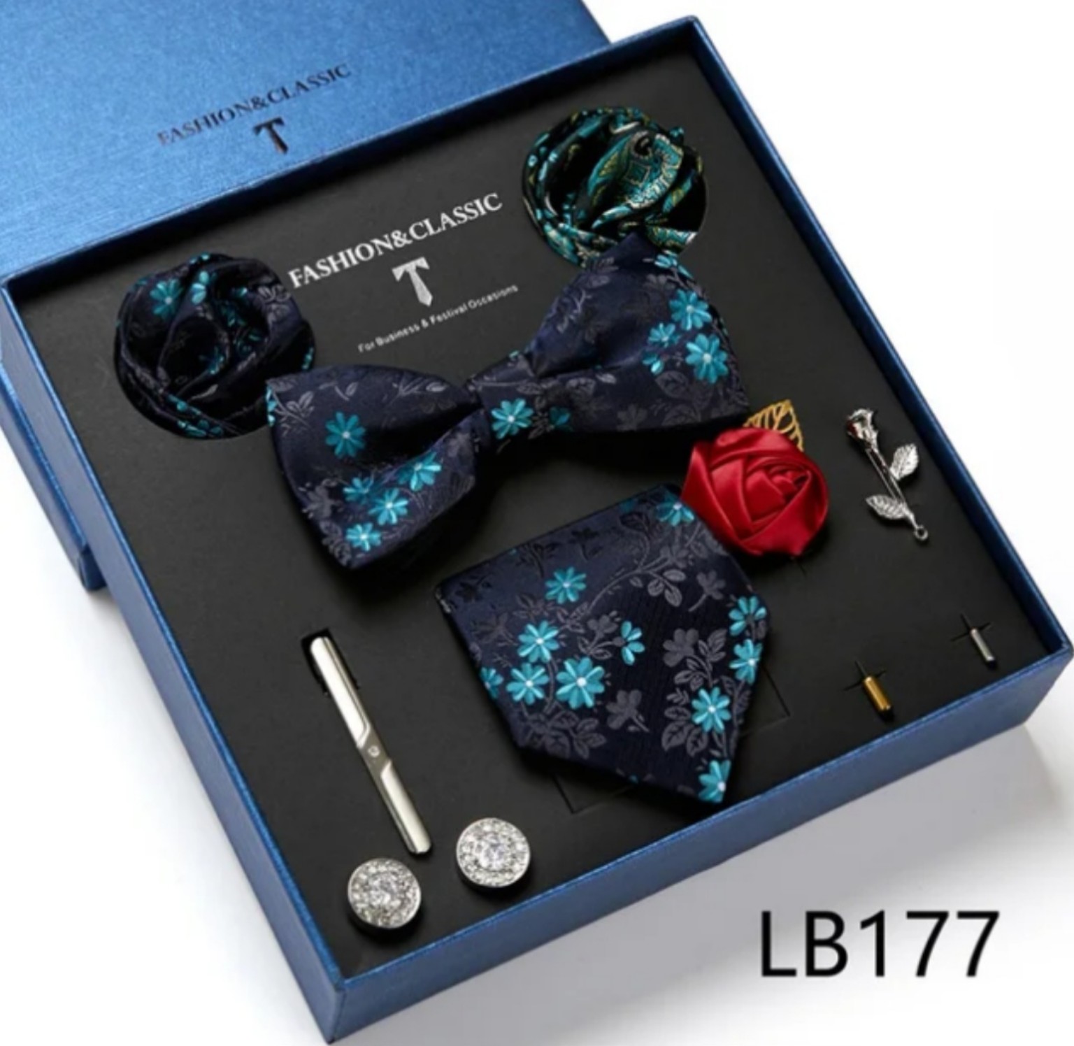 Men’s eight-piece silk tie gift set in the LB177 Navy & Teal Floral design