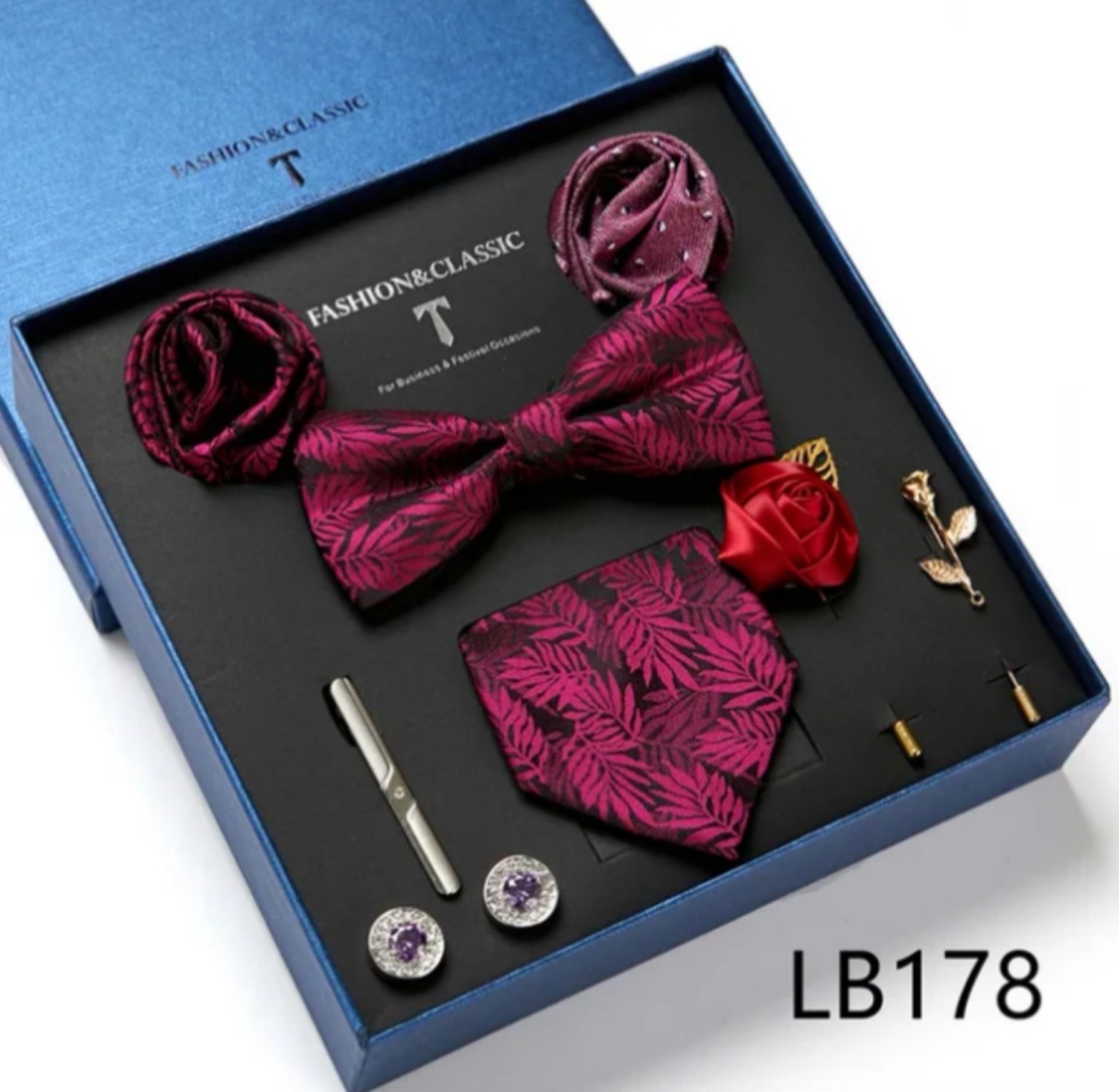 Men’s eight-piece silk tie gift set in the LB178 Magenta Leaf design