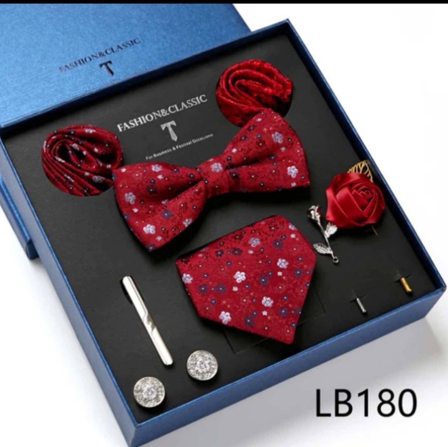 Men’s eight-piece silk tie gift set in the LB180 Burgundy Floral design