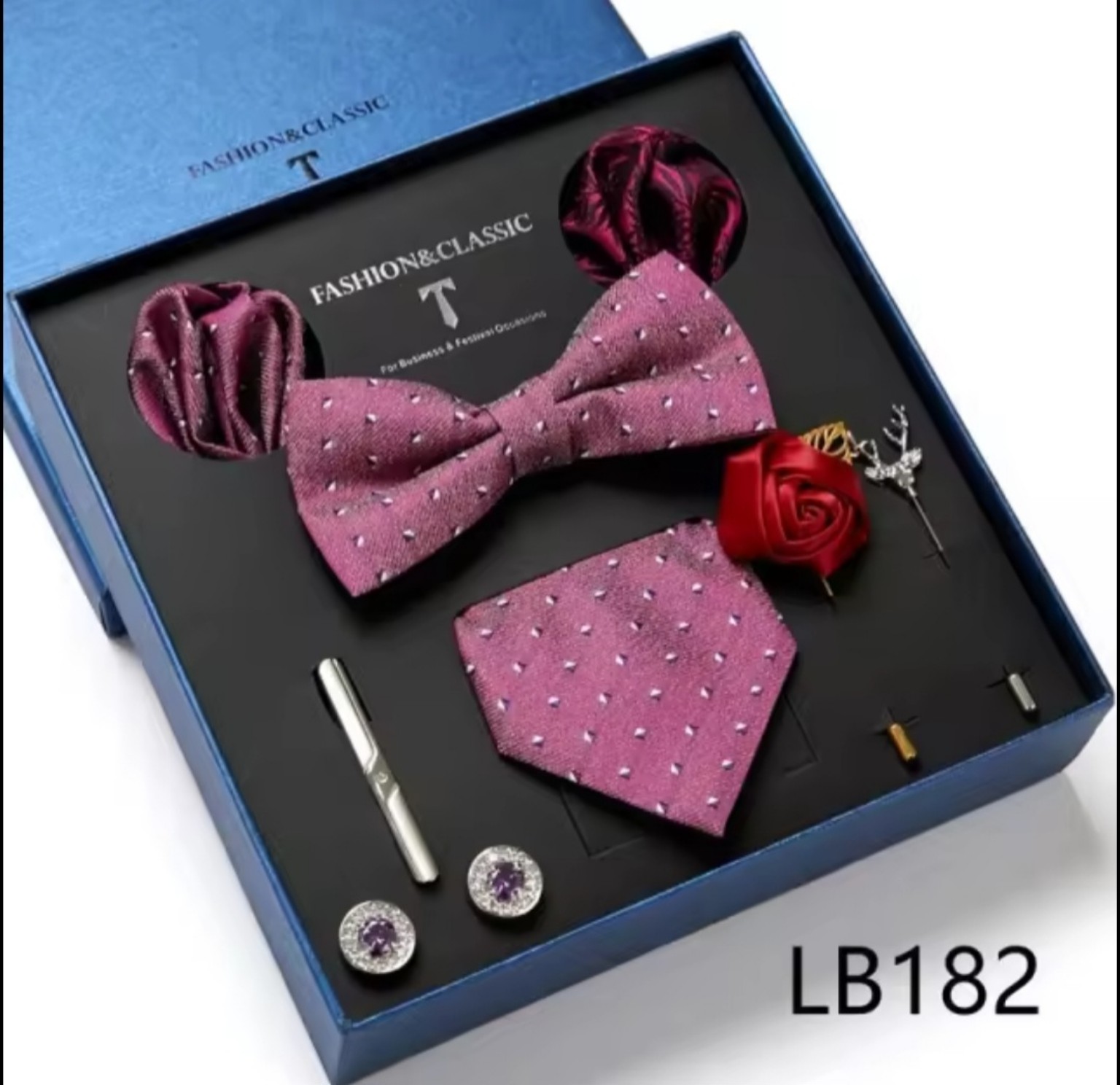 Men’s eight-piece silk tie gift set in the LB182 Rose Pink Dot design