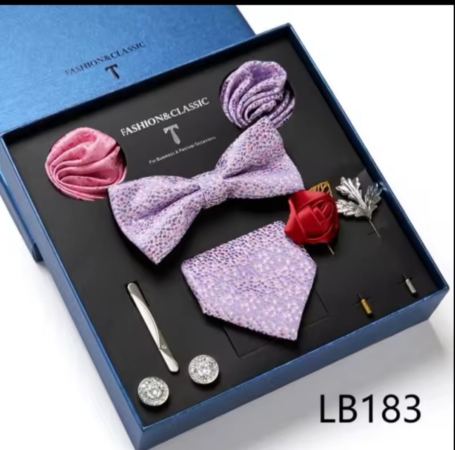 Men’s eight-piece silk tie gift set in the LB183 Lavender Pattern design