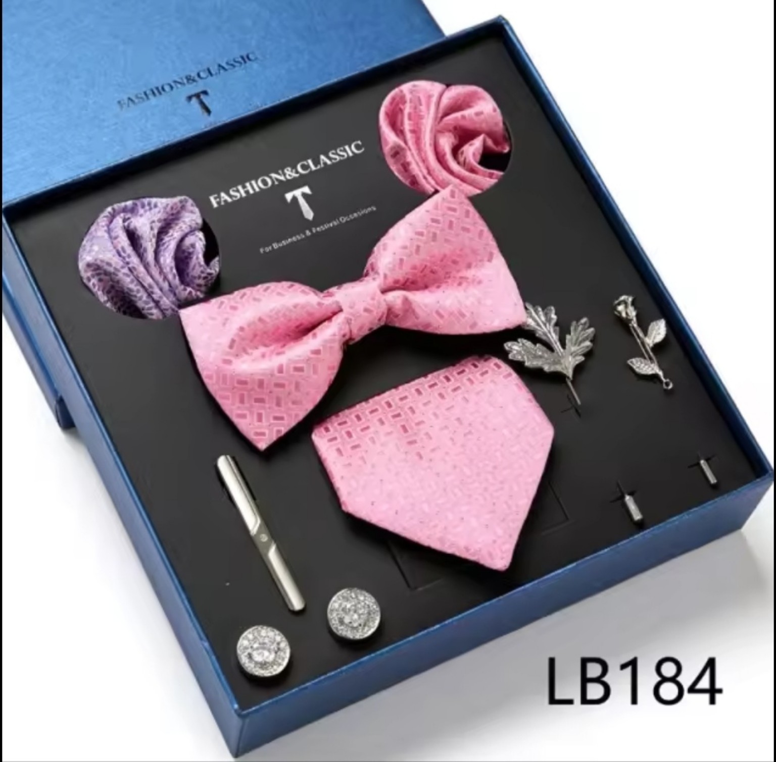 Men’s eight-piece silk tie gift set in the LB184 Classic Pink design
