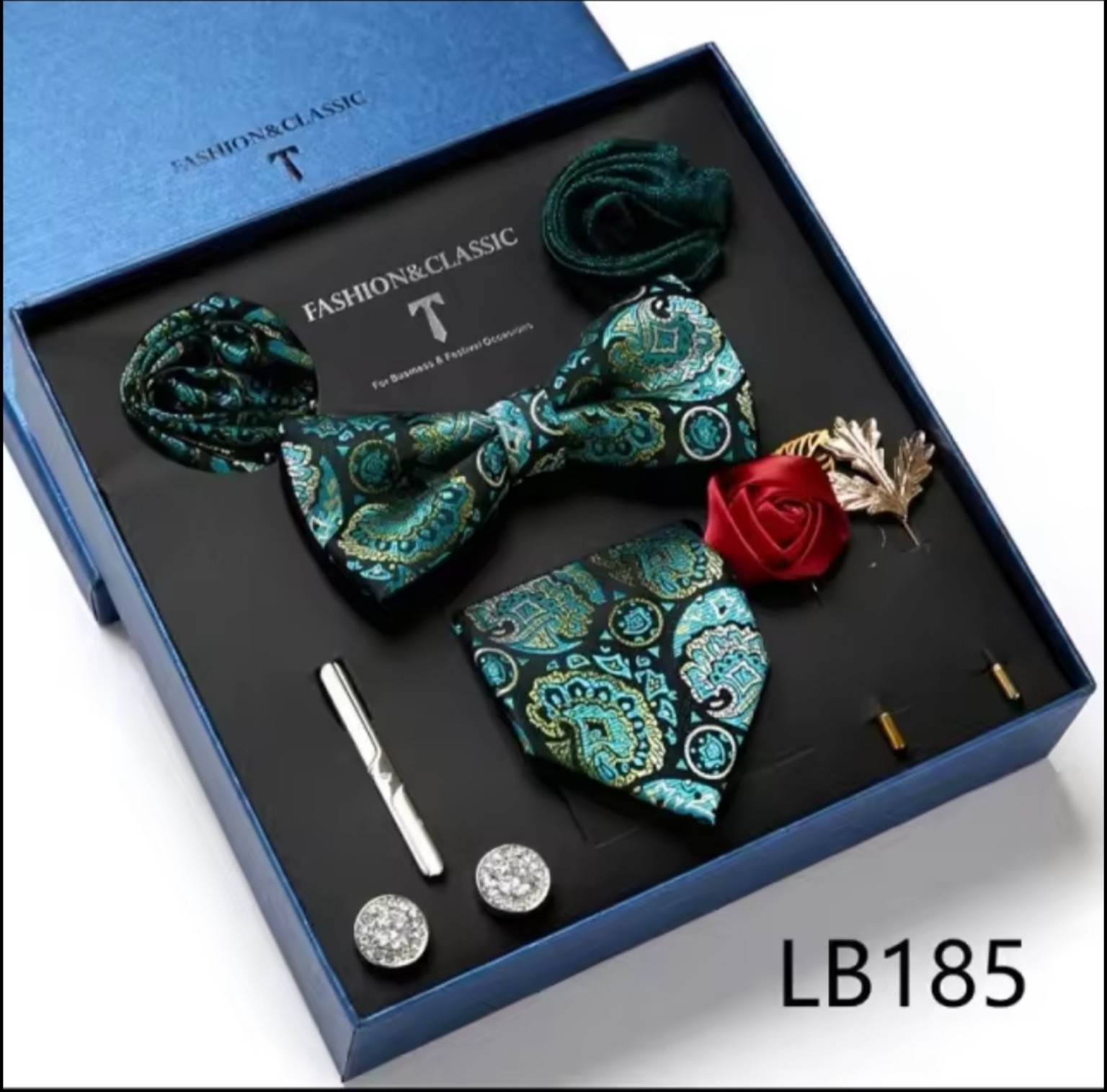 Men’s eight-piece silk tie gift set in the LB185 Emerald Paisley design