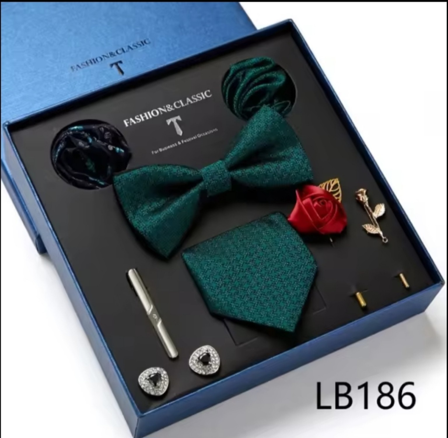 Men’s eight-piece silk tie gift set in the LB186 Emerald Green design
