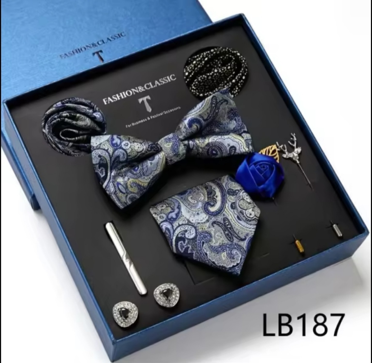 Men’s eight-piece silk tie gift set in the LB187 Silver & Blue Paisley design