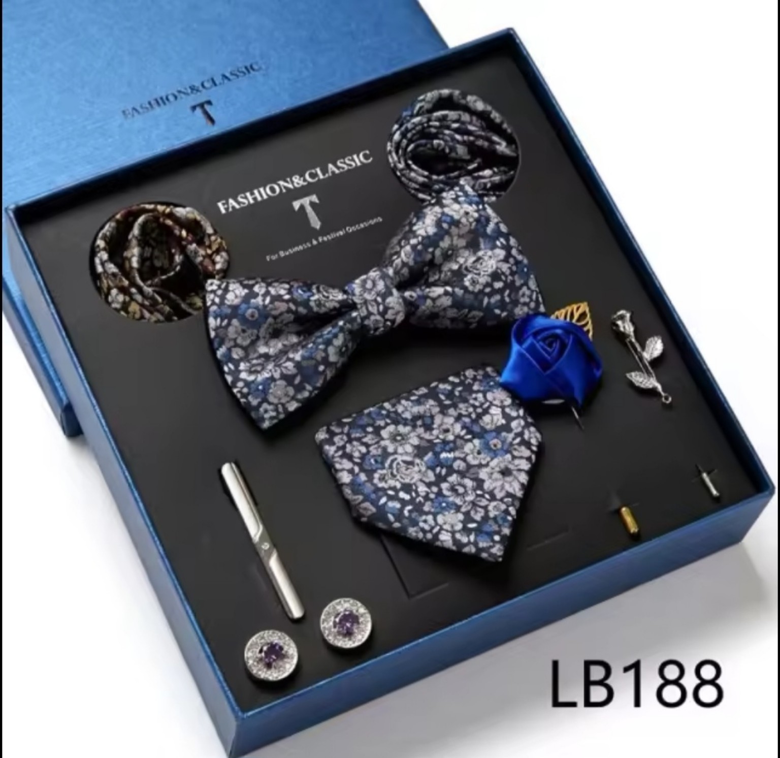 Men’s eight-piece silk tie gift set in the LB188 Navy Mini Floral design