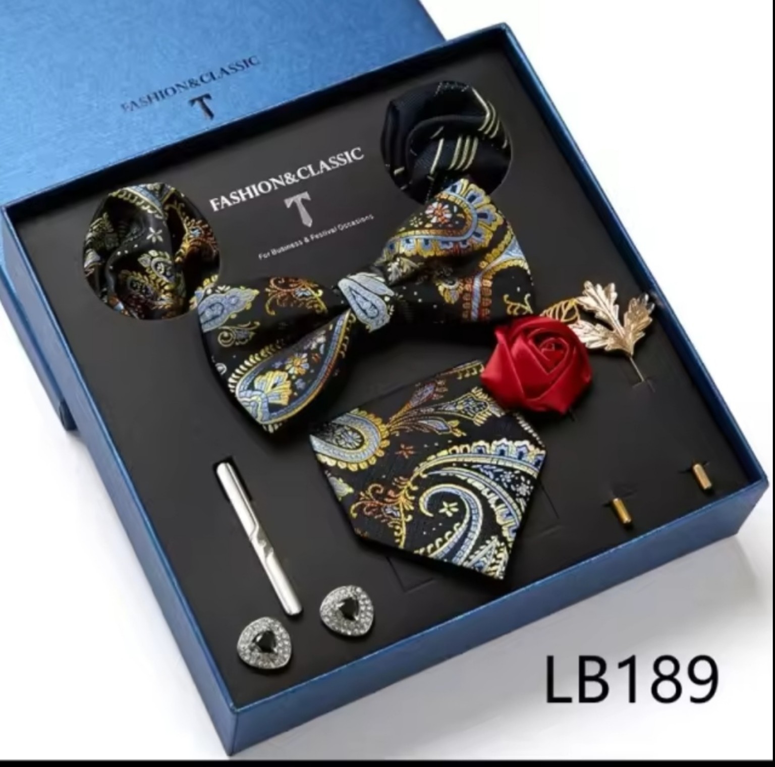 Men’s eight-piece silk tie gift set in the LB189 Black & Gold Paisley design