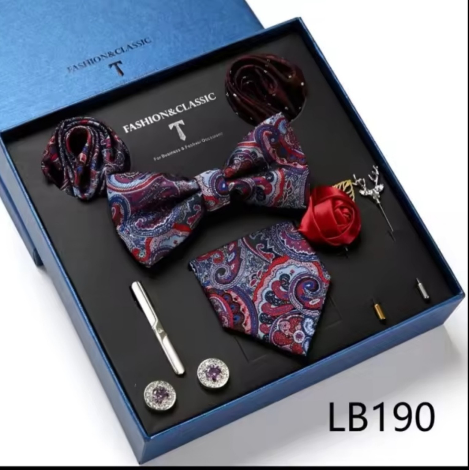 Men’s eight-piece silk tie gift set in the LB190 Burgundy Paisley design