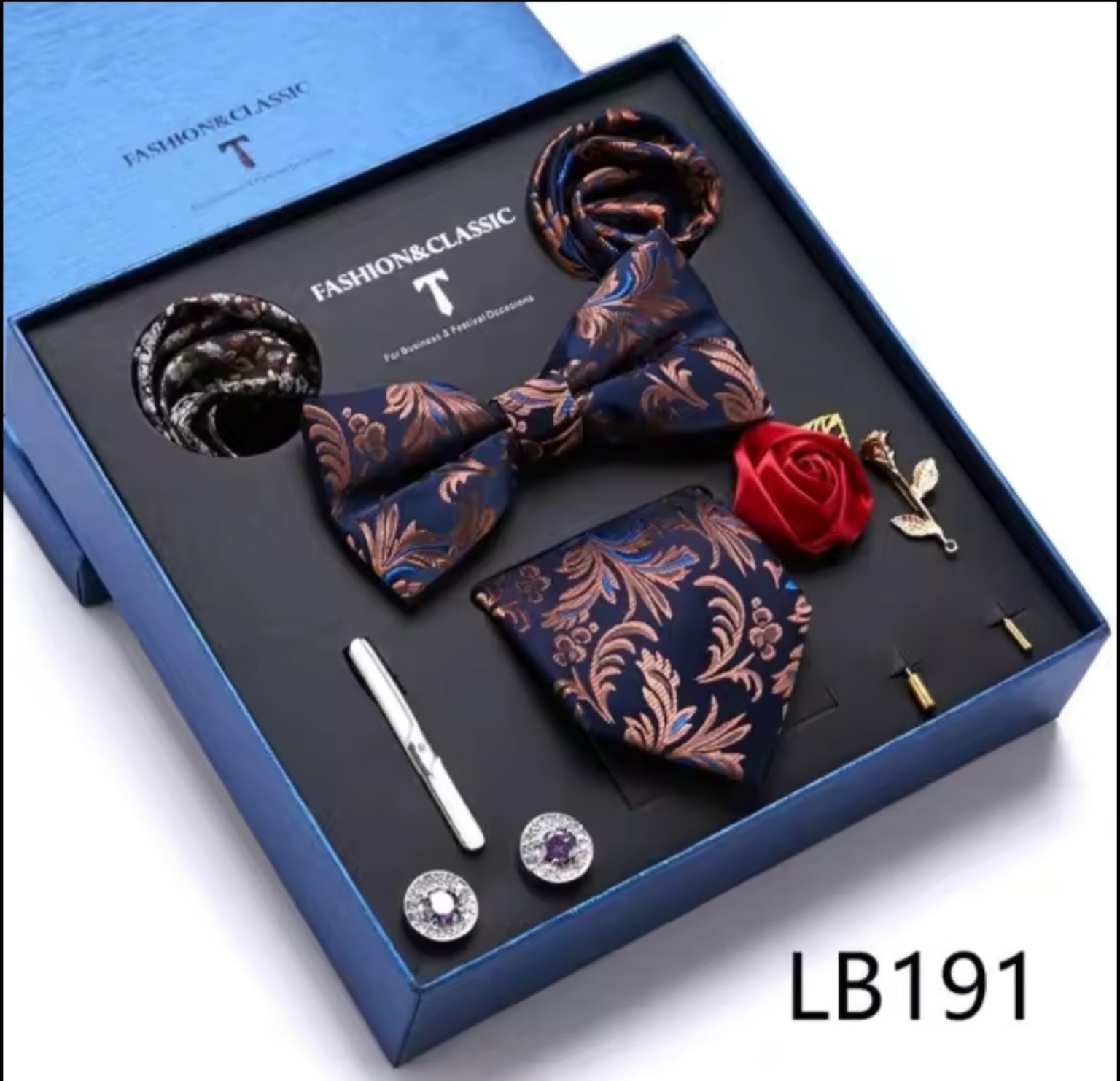 Men’s eight-piece silk tie gift set in the LB191 Navy & Copper Floral design