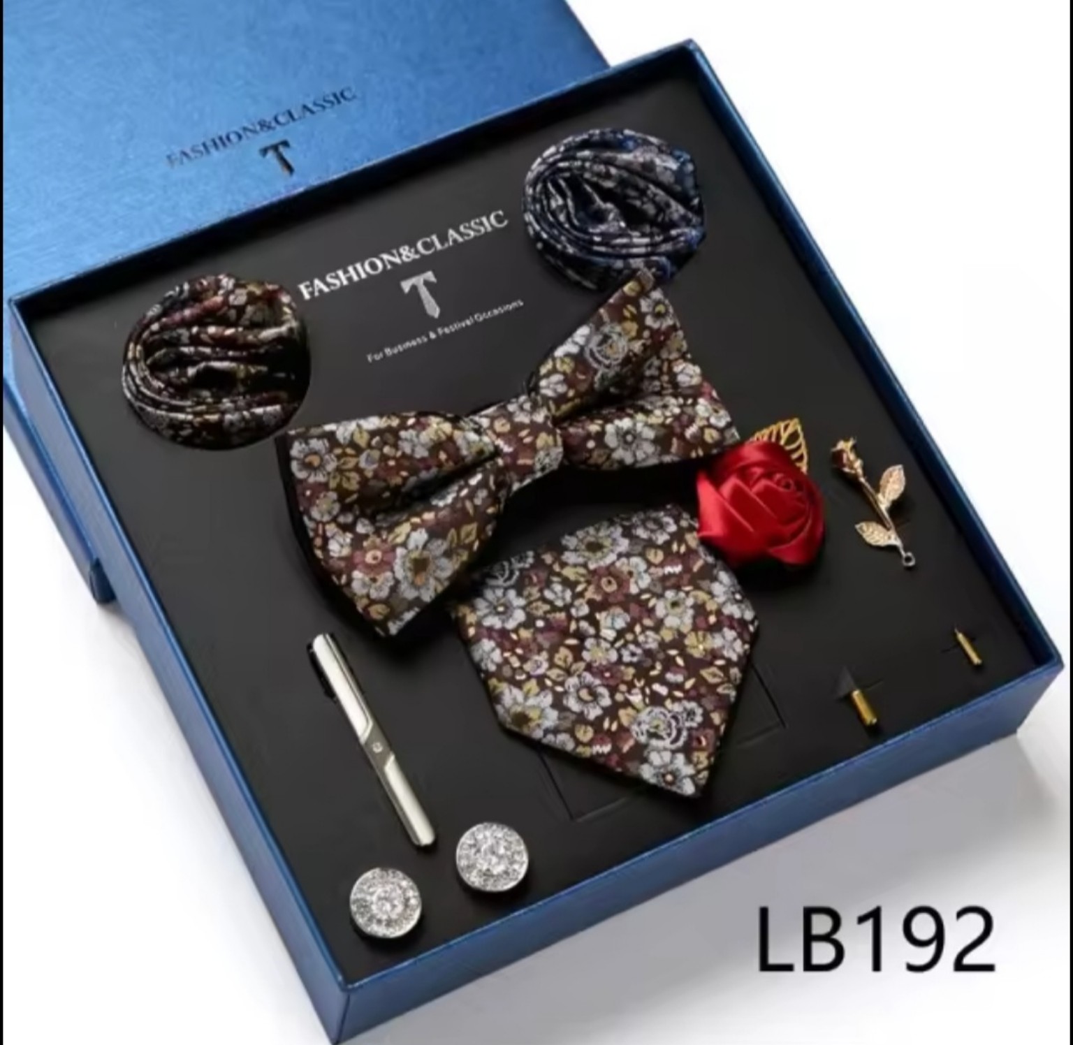Men’s eight-piece silk tie gift set in the LB192 Brown Mini Floral design