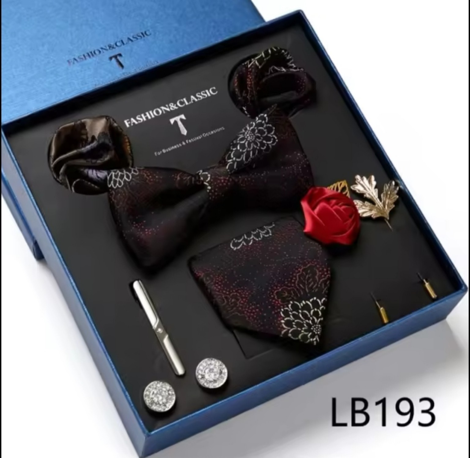 Men’s eight-piece silk tie gift set in the LB193 Burgundy Floral design