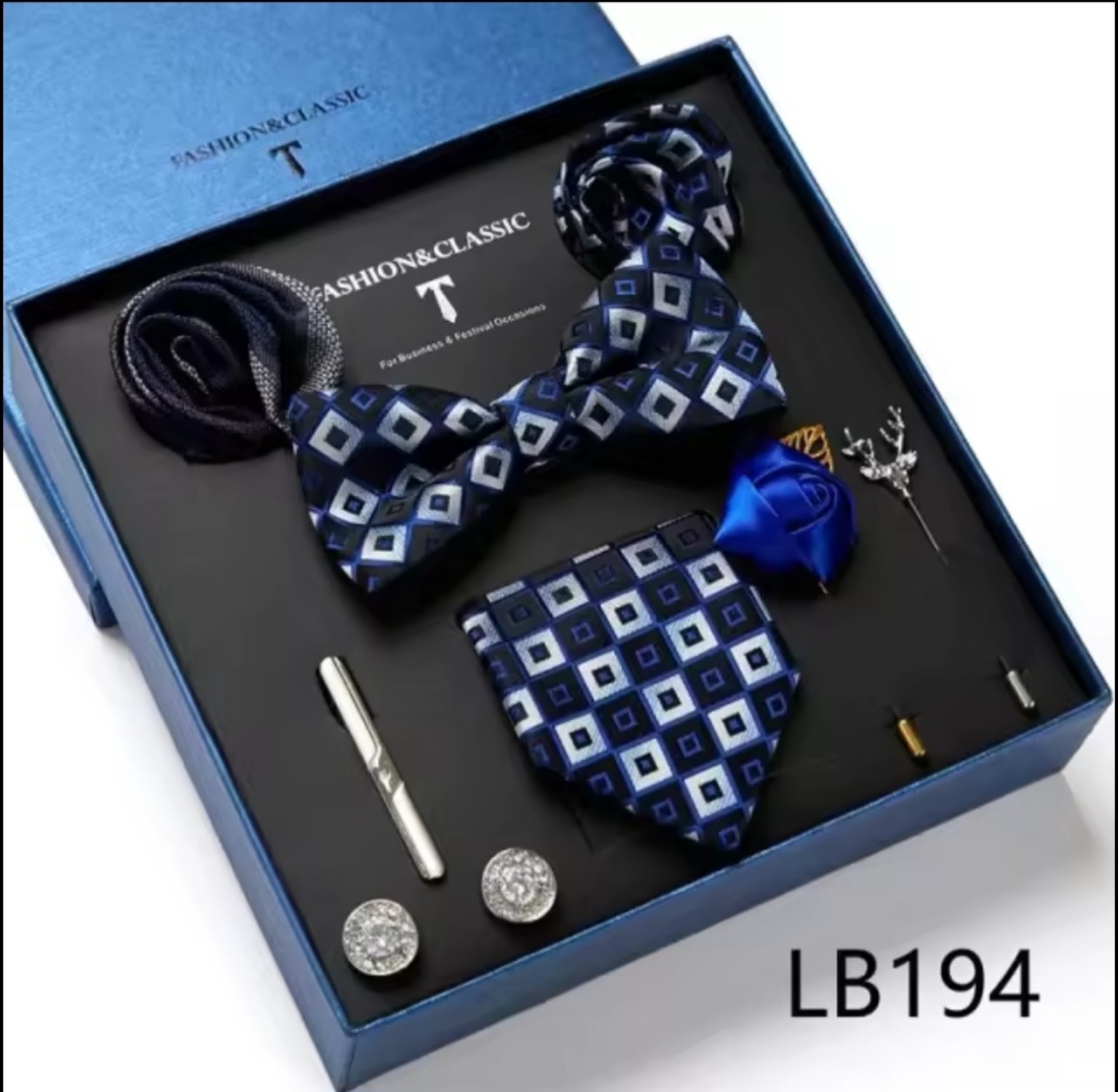 Men’s eight-piece silk tie gift set in the LB194 Navy Geometric Squares design