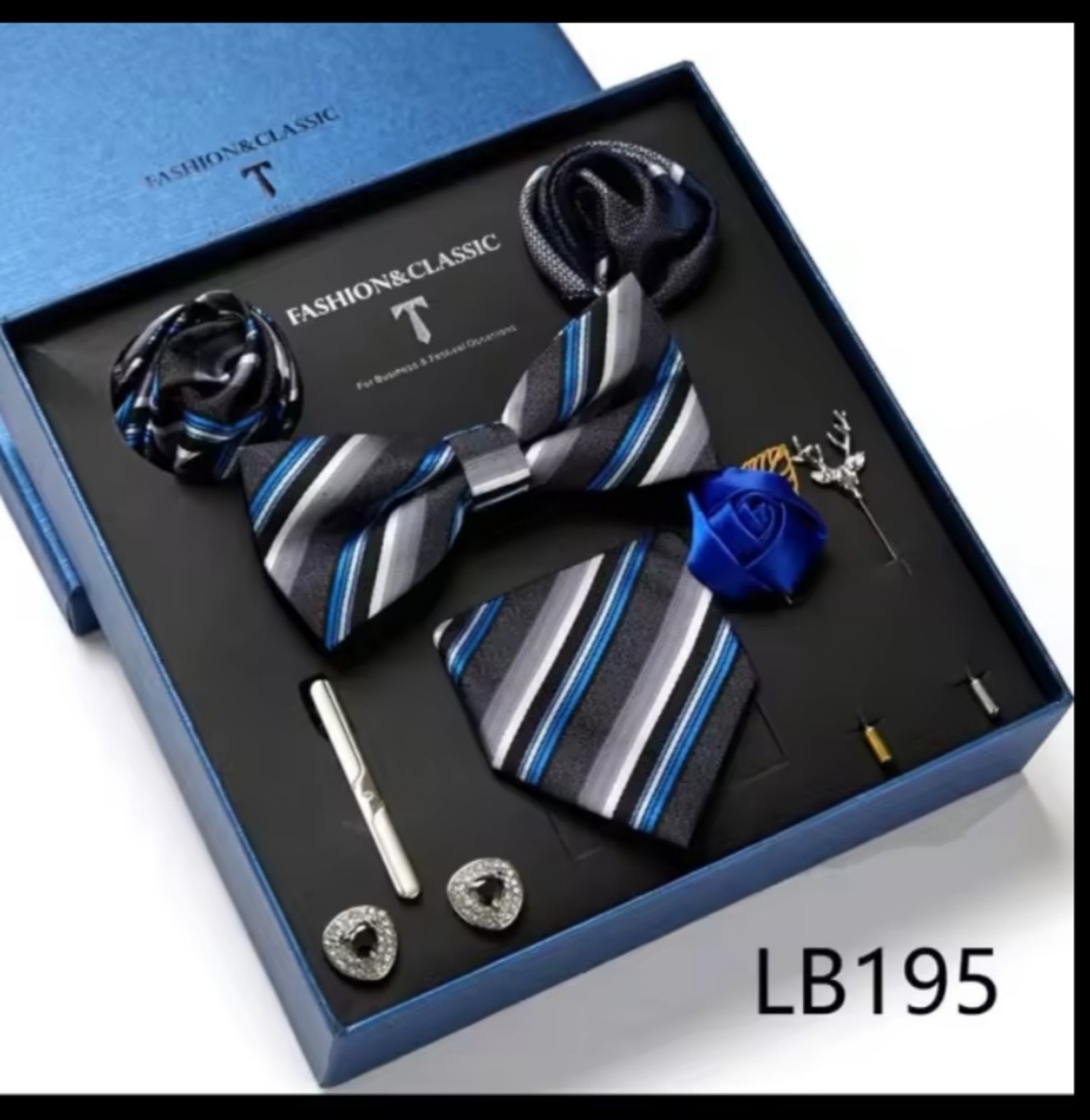 Men’s eight-piece silk tie gift set in the LB195 Black, Blue & Silver Stripe design