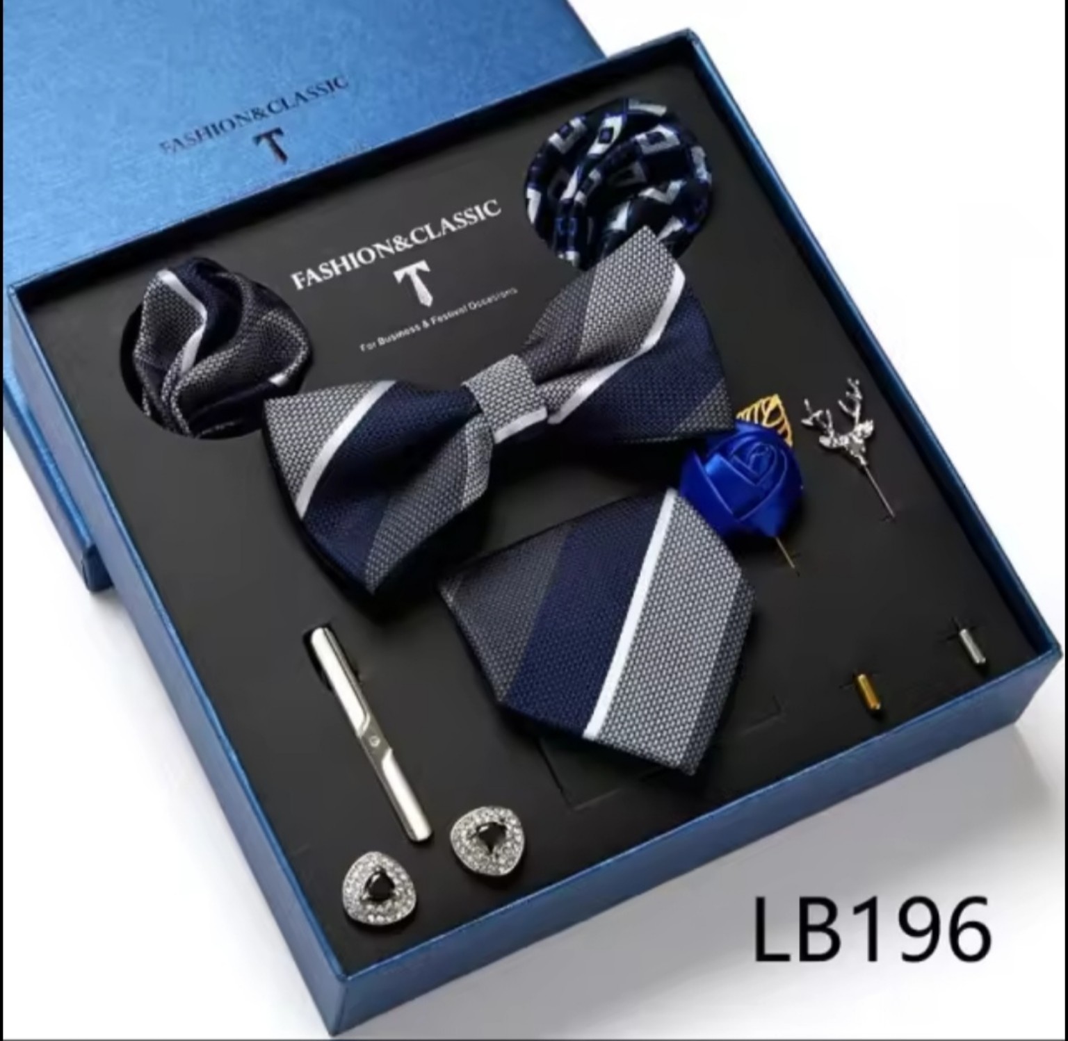 Men’s eight-piece silk tie gift set in the LB196 Navy & Silver Panel design