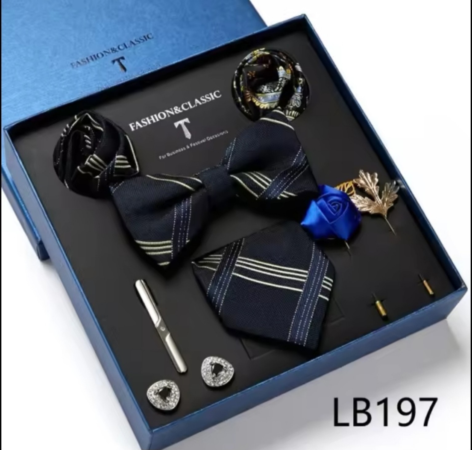 Men’s eight-piece silk tie gift set in the LB197 Navy Plaid Stripe design
